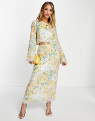 ASOS EDITION pastel floral print and sequin midi skirt with fringe - ASOS Price Checker