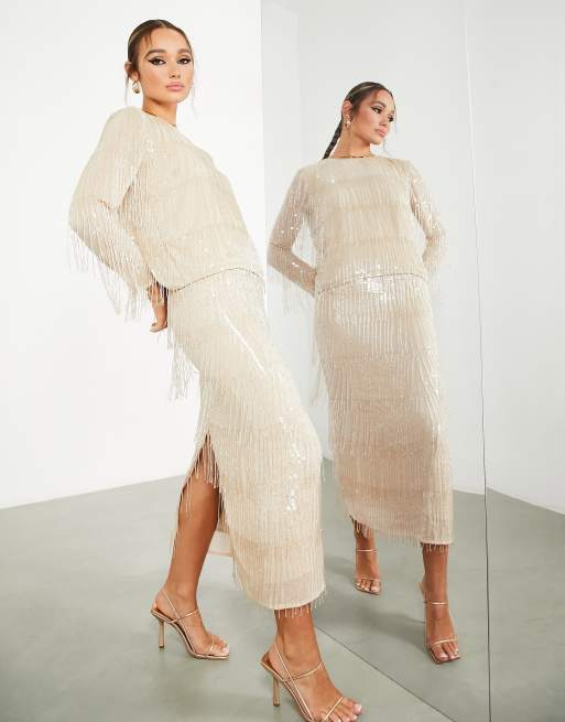 ASOS EDITION - Gonna midi con paillettes e frange color cipria