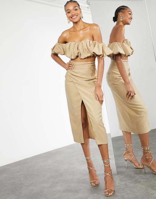 ASOS EDITION - Gonna midi con spacco laterale color caramello in coordinato, 4 di 4