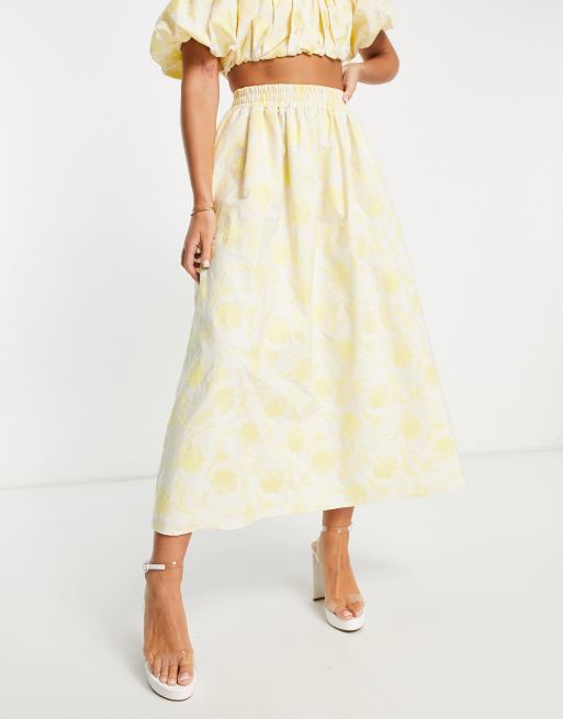 ASOS Edition - Gonna midi con vita elasticizzata in jacquard a fiori gialli, 4 di 4