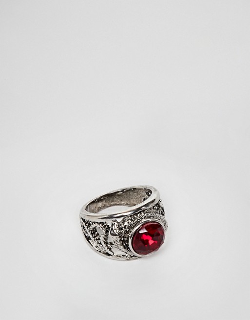 ASOS EDITION gothic style ring with stone in burnished silver