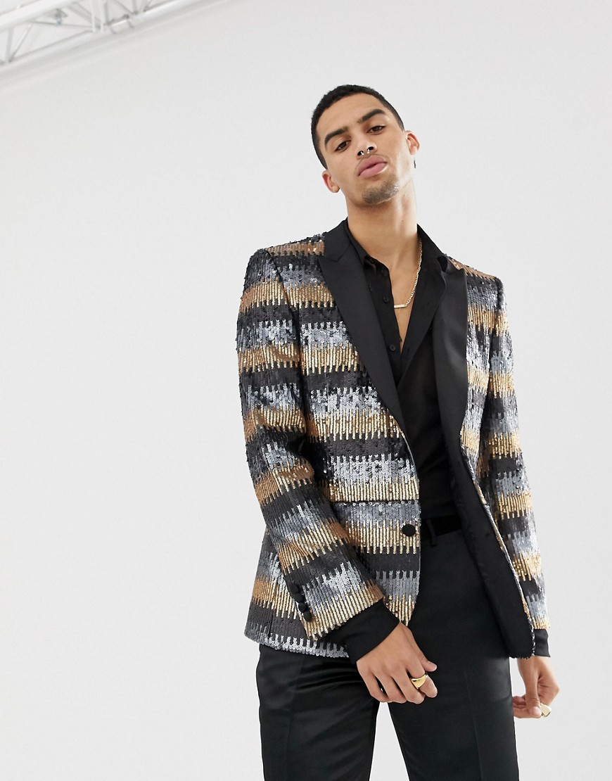 ASOS EDITION – Grå kostymjacka i skinny fit med guldfärgade paljetter