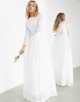 asos edition long sleeve lace bodice maxi wedding dress with pleated skirt