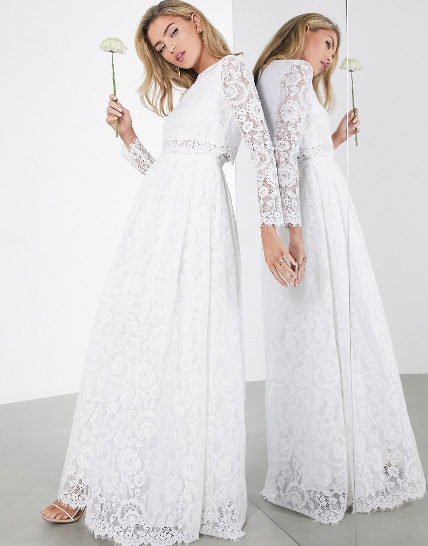 ASOS EDITION Grace lace long sleeve crop top maxi wedding dress-White