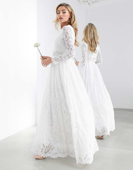 Asos Edition Grace Langarmliges Hochzeitskleid In Maxilange Mit Spitzenbesatz Und Kurzem Oberteil Asos