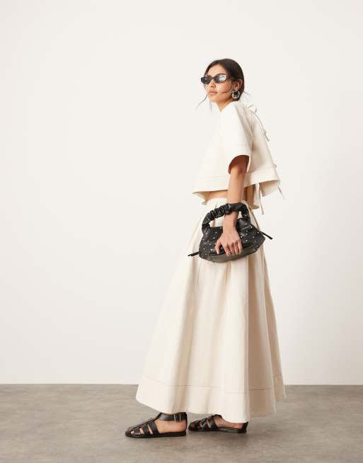 ASOS EDITION – Gräddvit midikjol i twill med veck, del av set