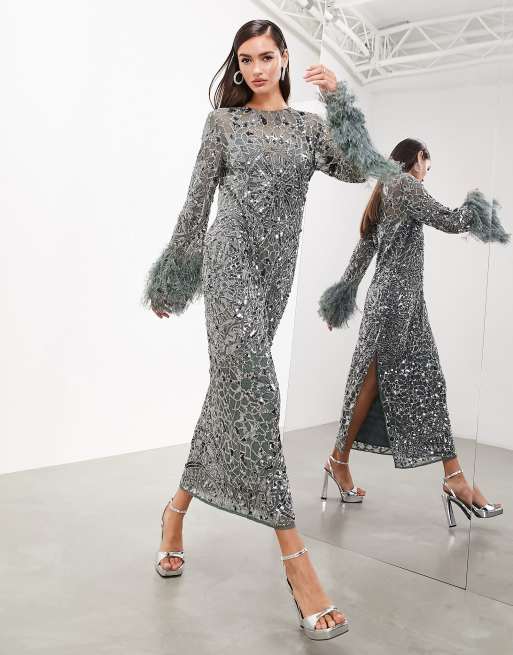 ASOS Edition – Grafitowa zdobiona sukienka maxi z długimi rękawami wykończonymi sztucznymi piórkami
