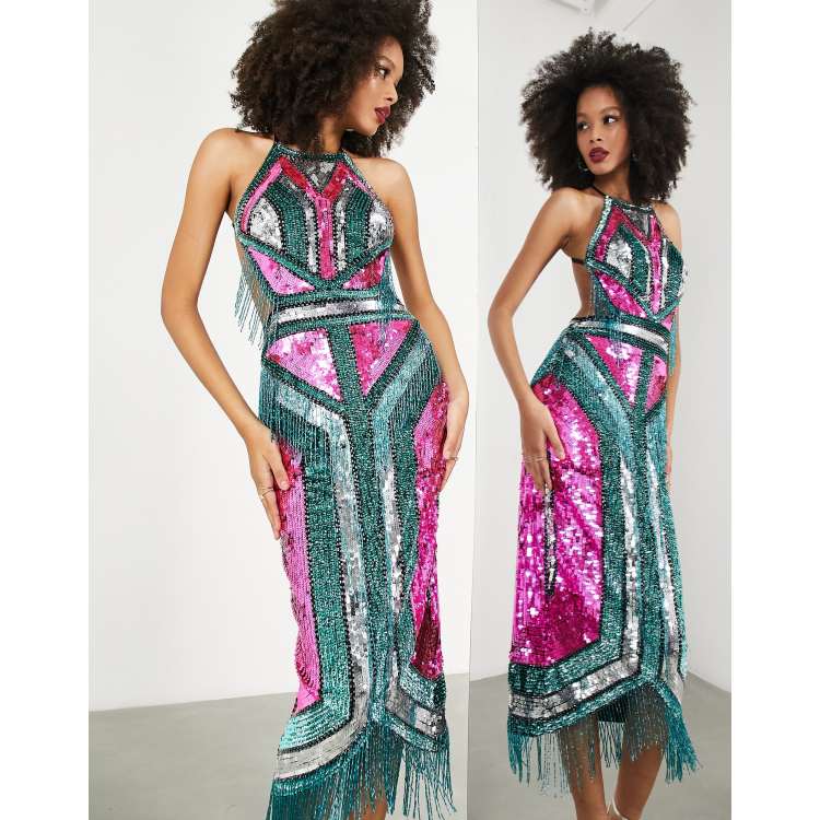 ASOS EDITION graphic sequin placement fringe midi dress ASOS