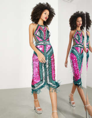 asos edition graphic beaded fringe plunge midi dress Andrea & Leo A1421 Lace Beaded Floral Mermaid Dress, Sage / 10