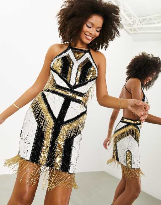 ASOS EDITION graphic sequin placement fringe mini dress in black and gold