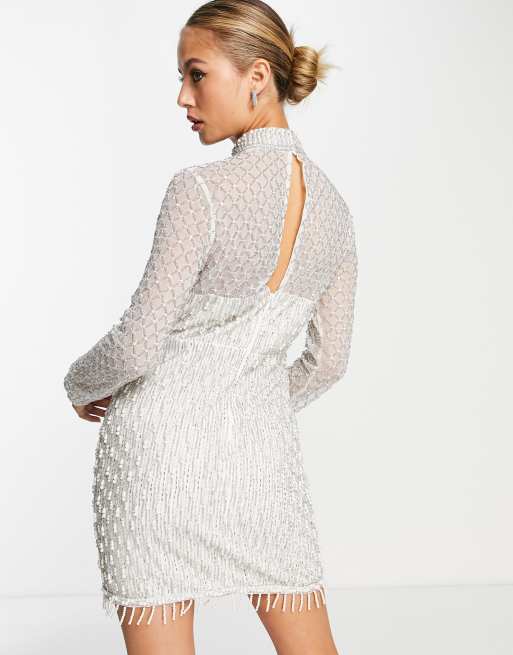 ASOS DESIGN halter pearl mini dress with drape beading detail in white