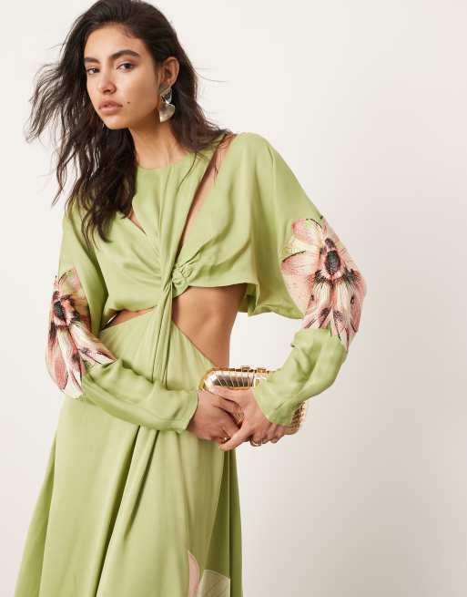 ASOS EDITION - Grøn maxikjole med udskæringer, flagermusærmer og blomsterbroderier i satin