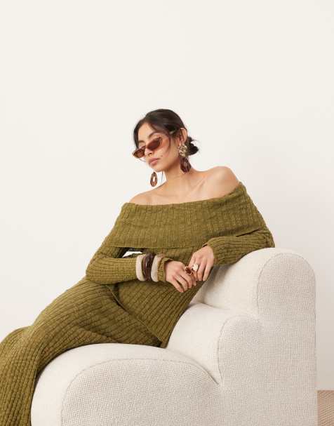 ASOS EDITION - Grøn-strikket og lagdelt Bardot-top med lange ærmer - Del af sæt - view 1