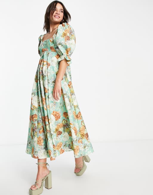 ASOS EDITION – Grön blommig midiklänning i empirstil med vid kjol