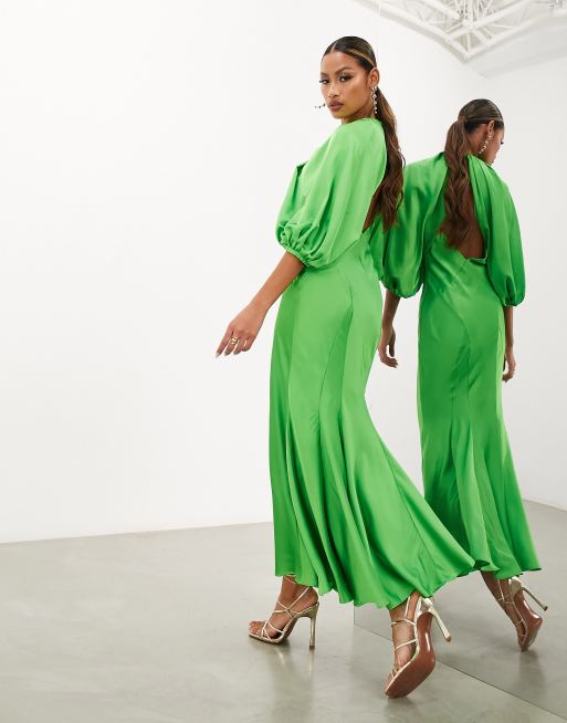 ASOS EDITION – Grön midiklänning med blusärmar och drapering av satin, 2 av 4