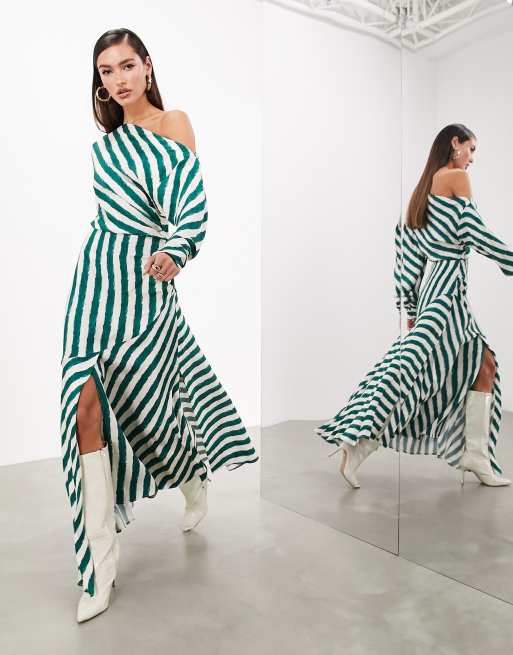 ASOS EDITION Grun gestreiftes wadenlanges Kleid mit abfallender Schulterpartie ASOS