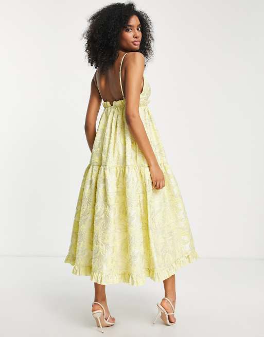ASOS EDITION – Gul jacquardblommig linneklänning i midilängd med volang, 2 av 4