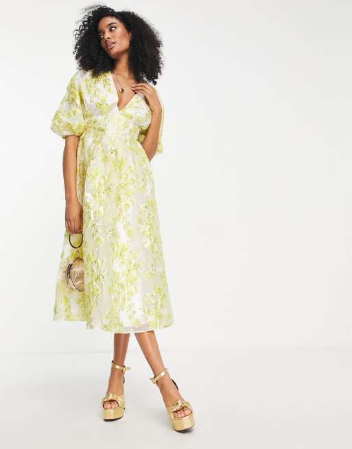 ASOS EDITION – Gul jacquardvävd midiklänning med veck i midjan