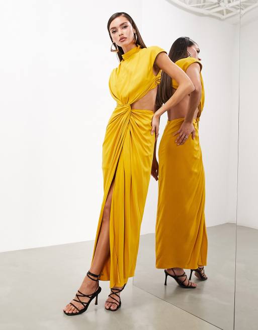 ASOS Edition - Gul maxikjole med draperinger og høj, udskåret hals, 4 af 4