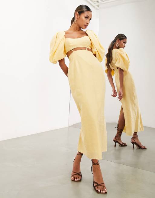 ASOS EDITION – Gul midiklänning med puffärmar och utskurna detaljer