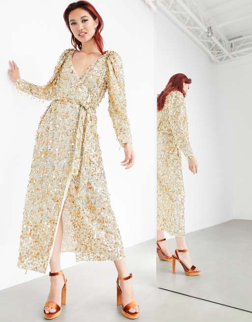 ASOS EDITION - Guldfarvet slå-om-midikjole med pailletter i runde og dråbeformede designs, 4 af 4