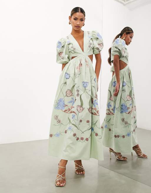 ASOS EDITION – Haftowana w kwiaty sukienka midi w kolorze szałwiowej zieleni z bufkami i wycięciem