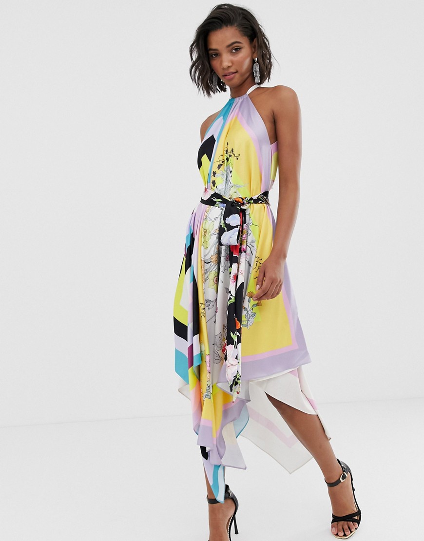 ASOS EDITION halter belted midi dress in mixed scarf print-Multi
