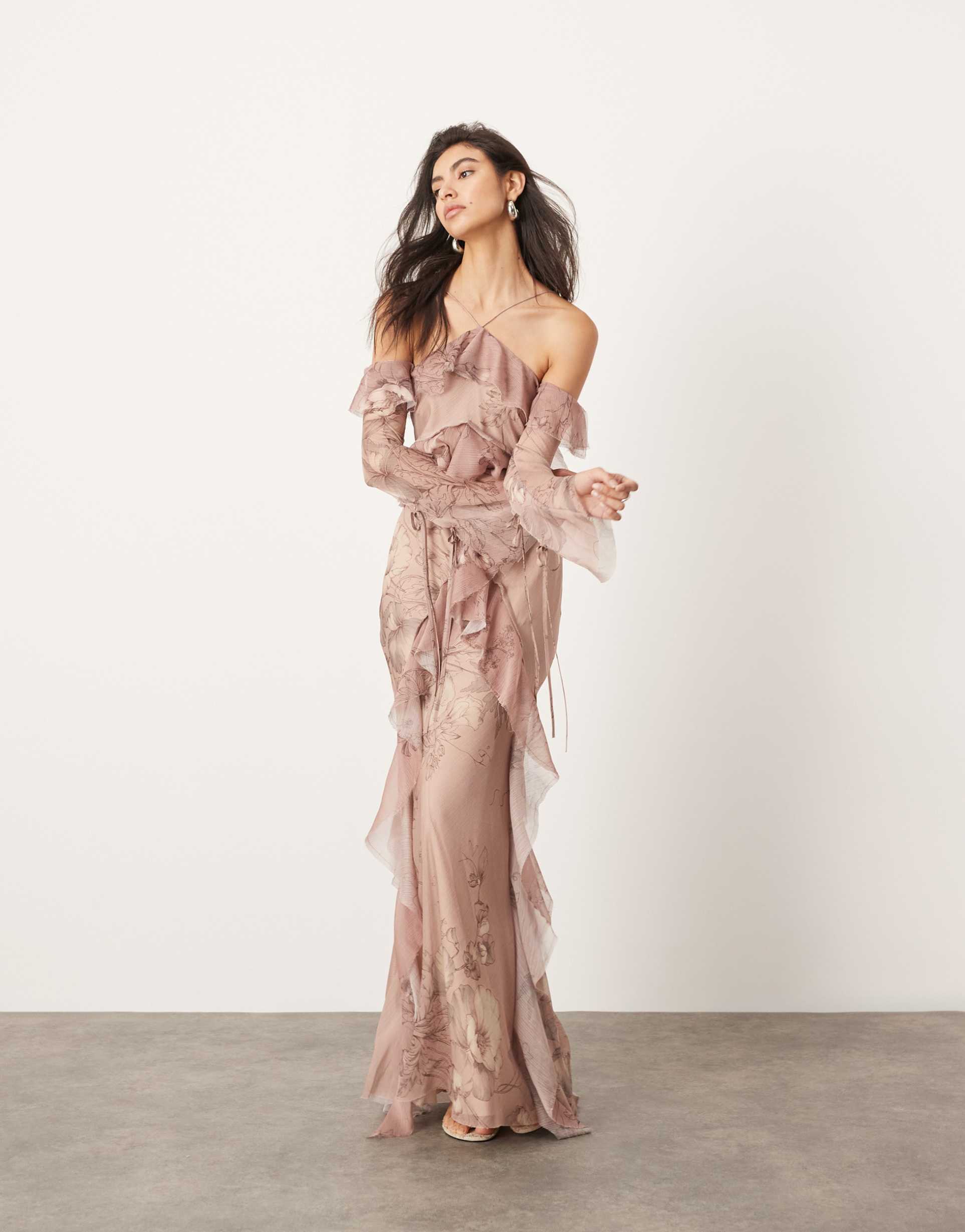 asos edition halter cold shoulder raw edge ruffle maxi dress in blush floral print