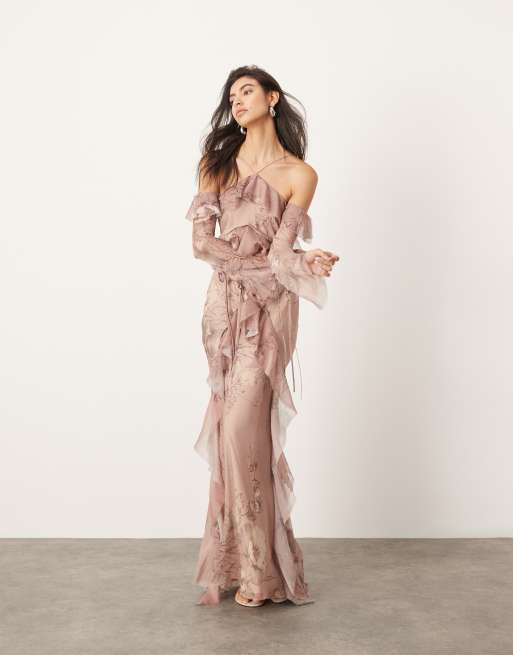 ASOS EDITION halter cold shoulder raw edge ruffle maxi dress in blush floral print ASOS