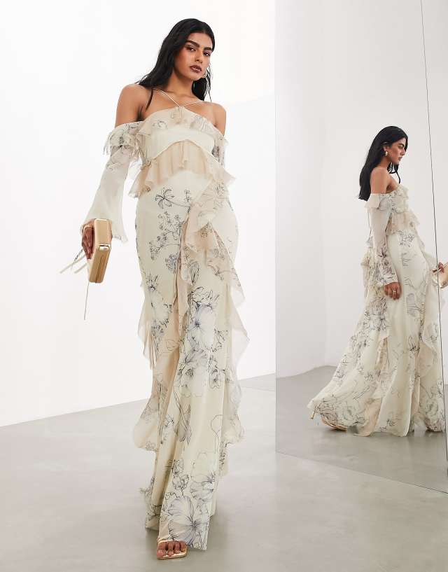 asos edition floral embroidered halter prom midi dress cold shoulder raw edge ruffle maxi in etchy print 1st birthday