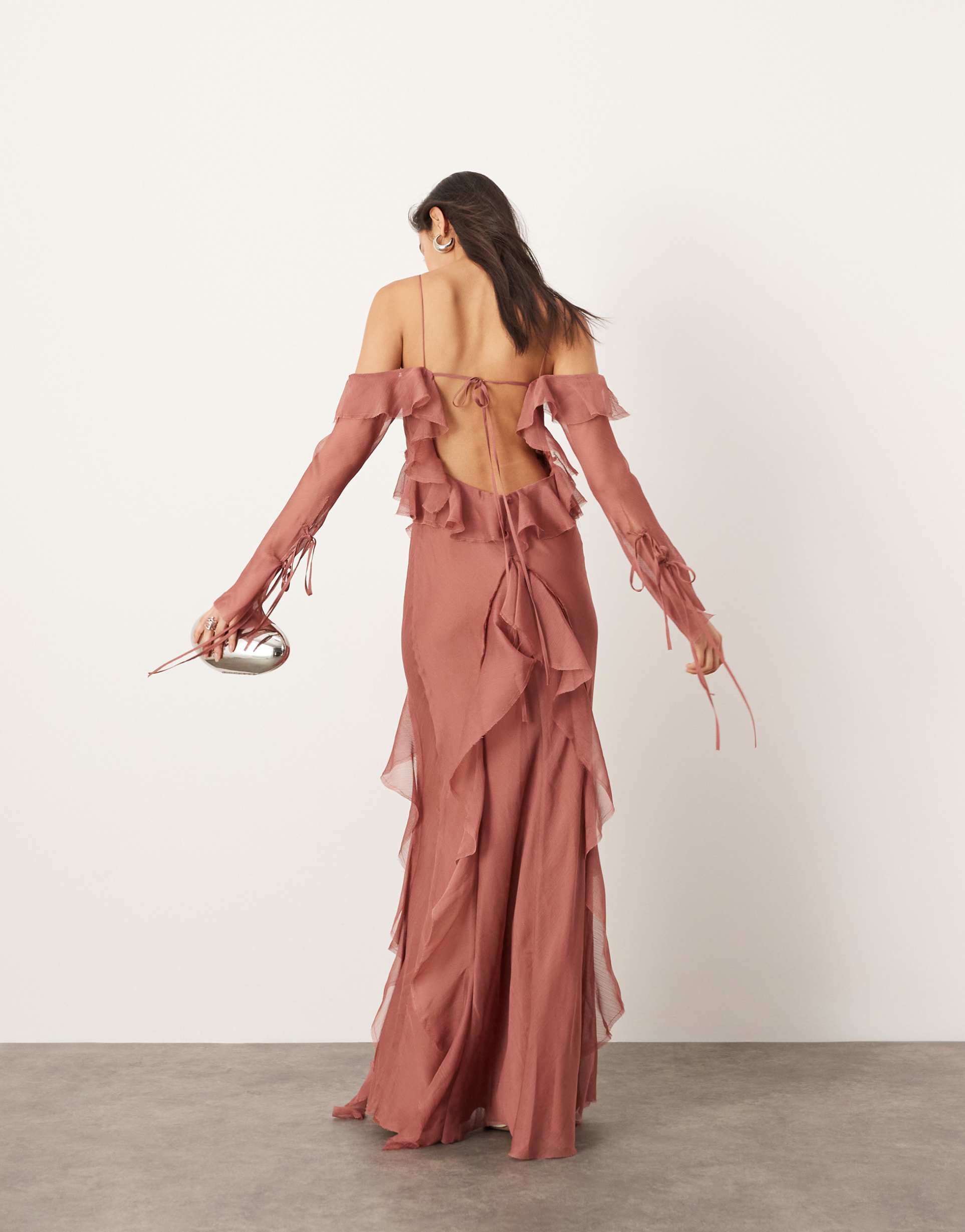 asos edition halter cold shoulder raw edge ruffle maxi dress in rose pink