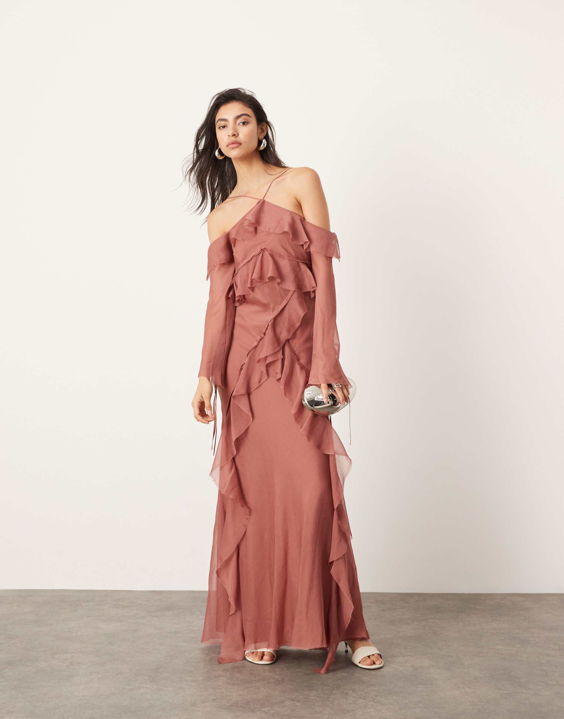 asos edition halter cold shoulder raw edge ruffle maxi dress in rose pink