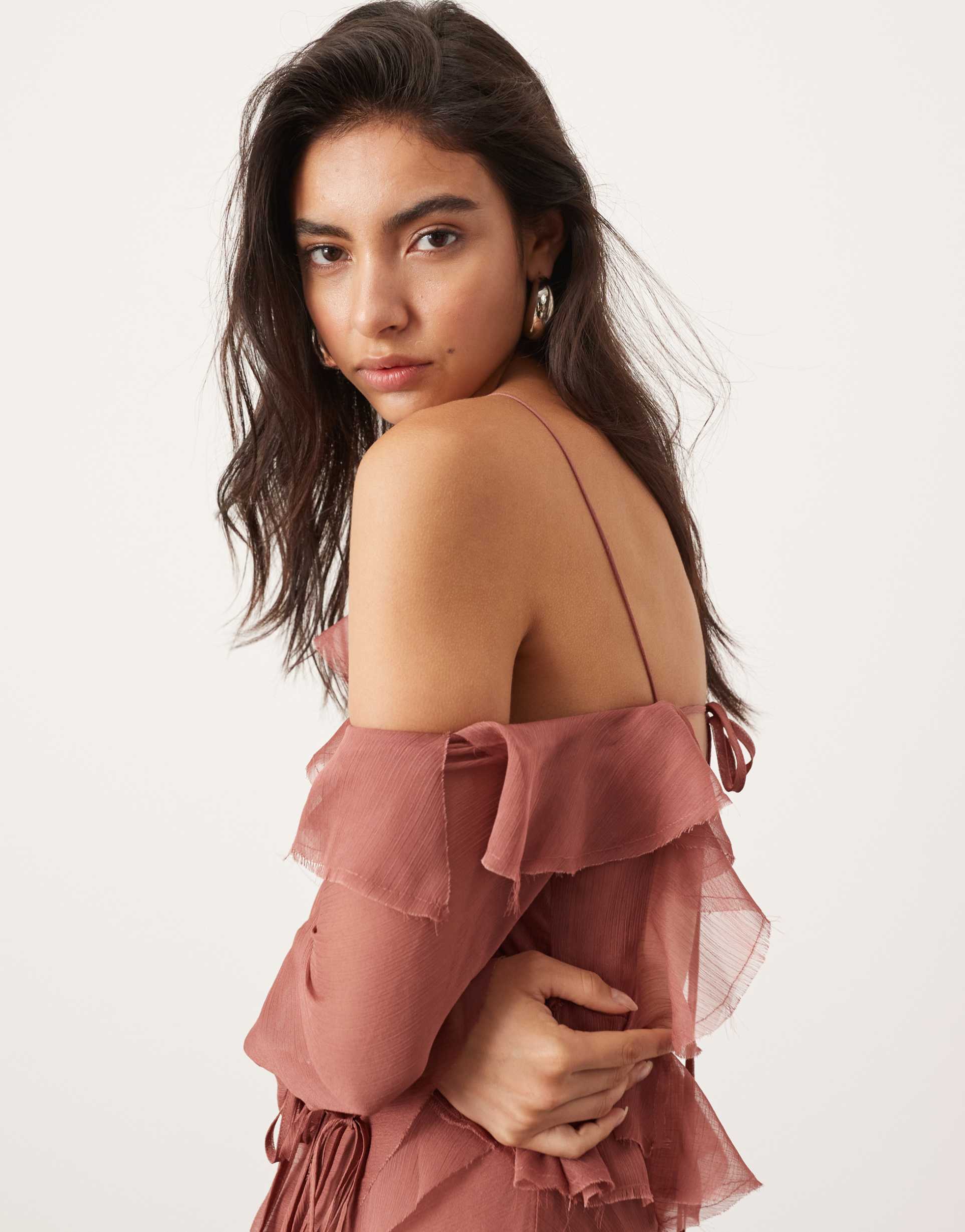 asos edition halter cold shoulder raw edge ruffle maxi dress in rose pink