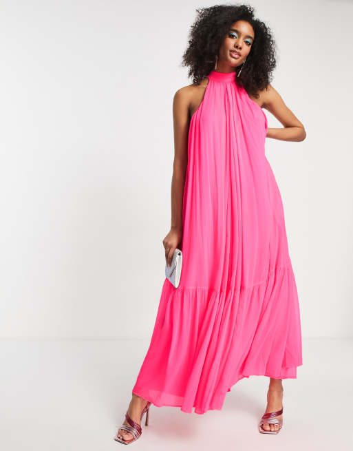 Classic Elegance Blush Satin Sleeveless Mock Neck Maxi Dress