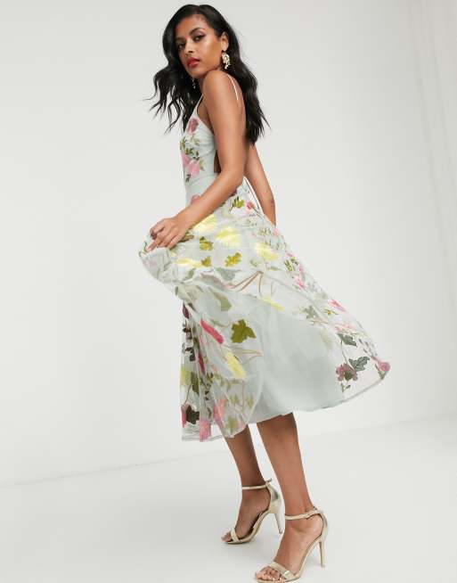 Asos design embellished halter midi dress clearance with floral embroidery