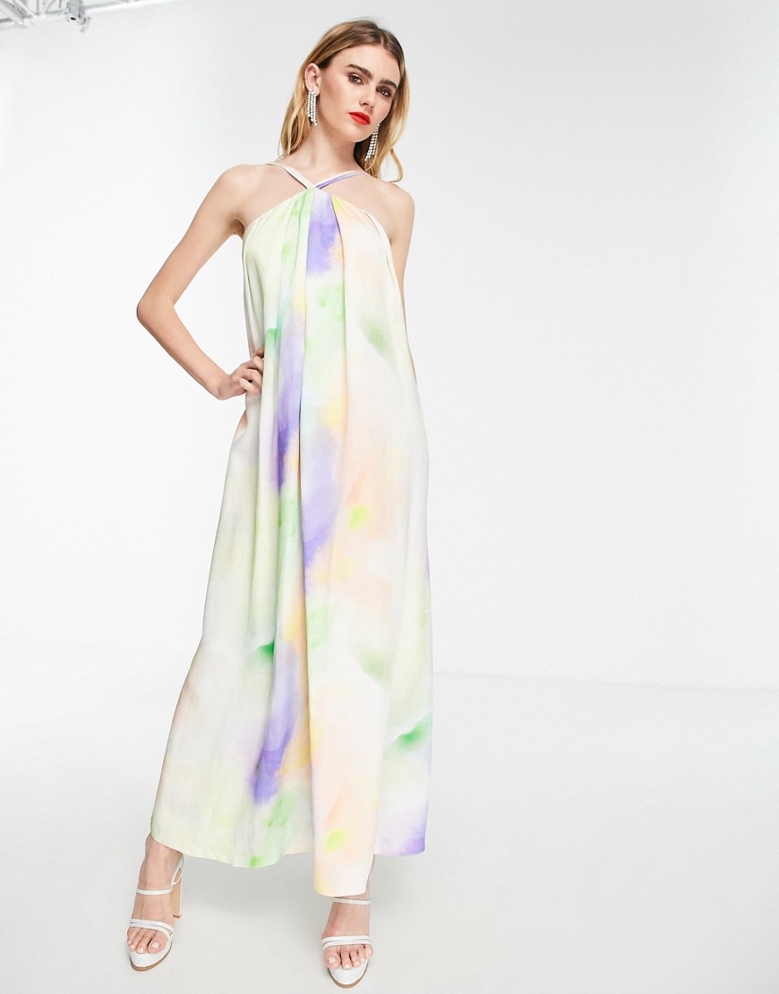 Asos Design Halter Trapeze Linen Midi Dress In Watercolor Print-multi