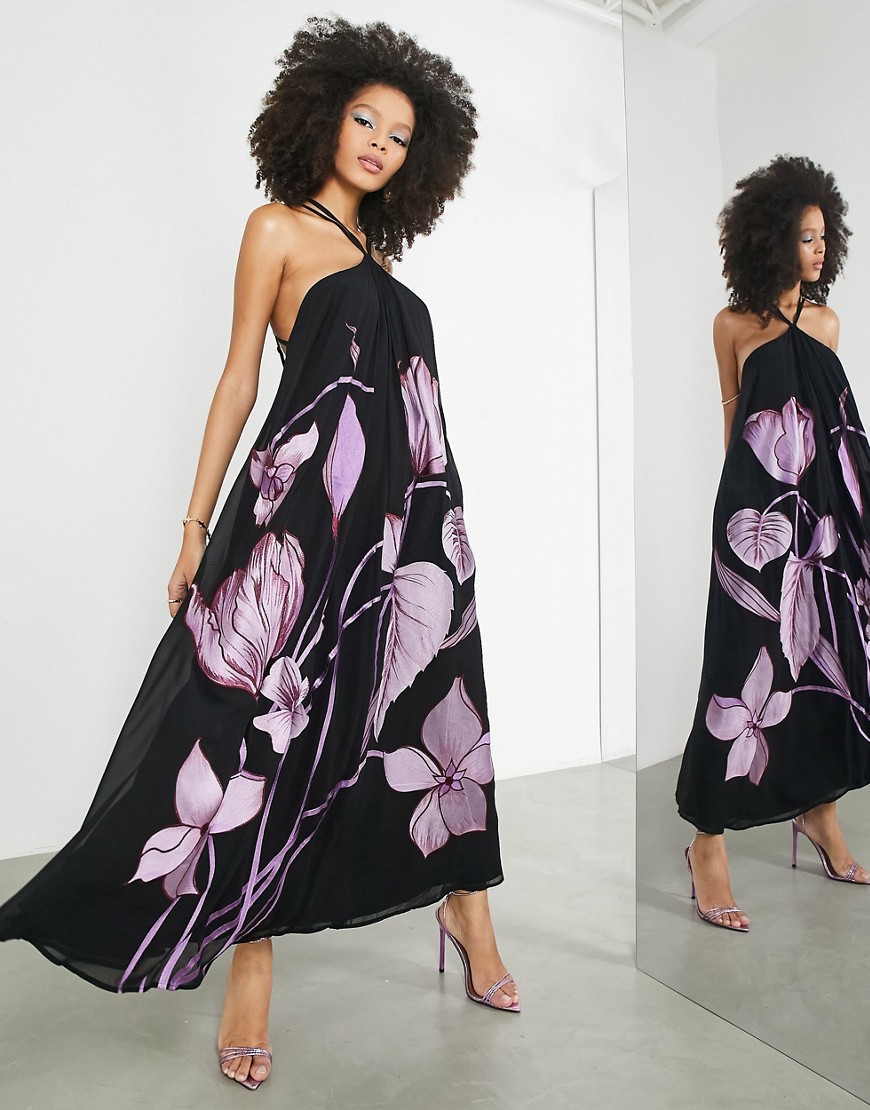 ASOS EDITION halter trapeze midi dress with trailing tulip embroidery in black