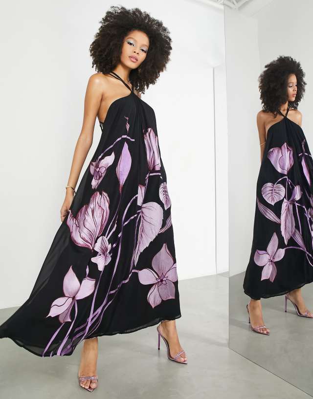 ASOS EDITION halter trapeze midi dress with trailing tulip embroidery in black