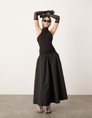 Asos Design Halterneck Drop Hem Maxi Dress In Contrast Fabric In Black