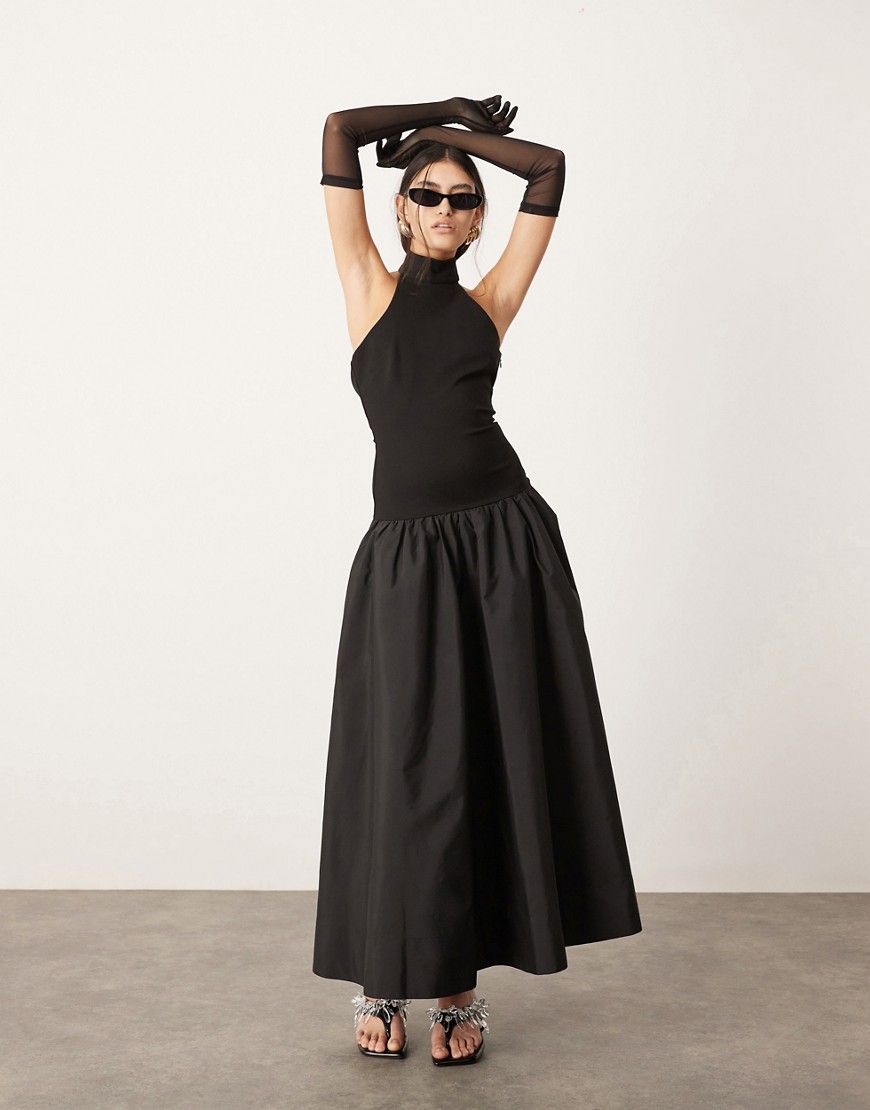Asos Design Halterneck Drop Hem Maxi Dress In Contrast Fabric In Black