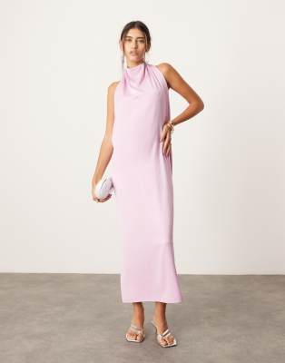 Asos Design Halterneck Midi Dress With Drape Detail In Lilac-orange