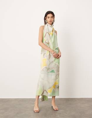 Asos Design Halterneck Midi Dress With Drape Detail In Marble Print-multi