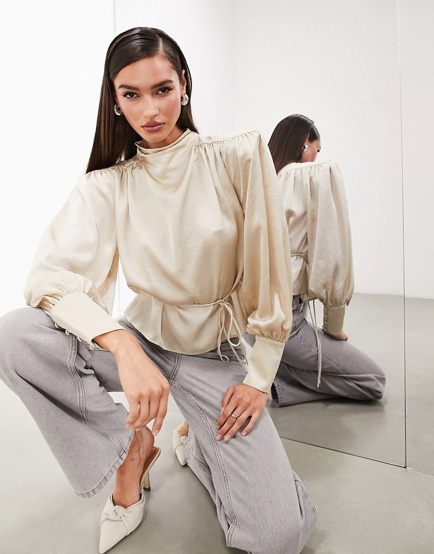 ASOS EDITION hammered satin bold shoulder cropped blouse with removable tie in ivory-White