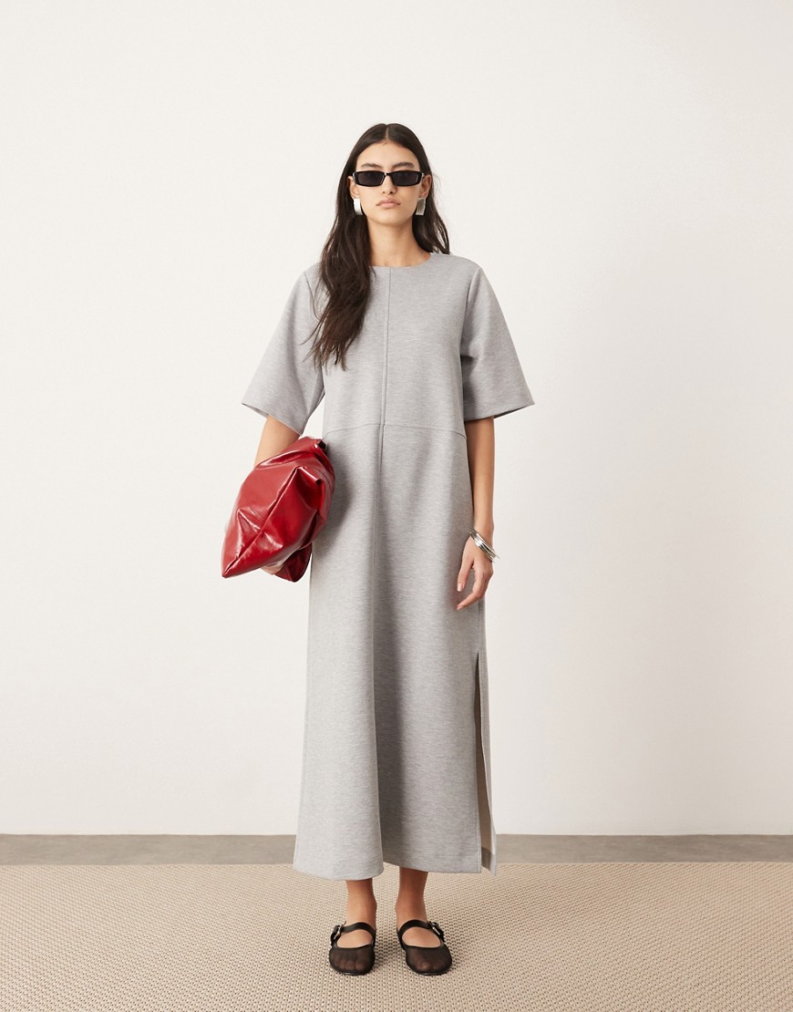 heavy weight jersey boxy midaxi dress with seam detail in gray