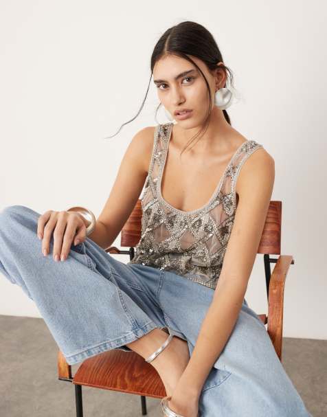 ASOS EDITION - Hemdje met geometrische versiering en uitsnijdingen in zilver - view 1