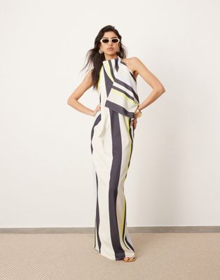 Asos Design High Cowl Neck Maxi Dress With Open Back In Scarf Stripe Print-multi
