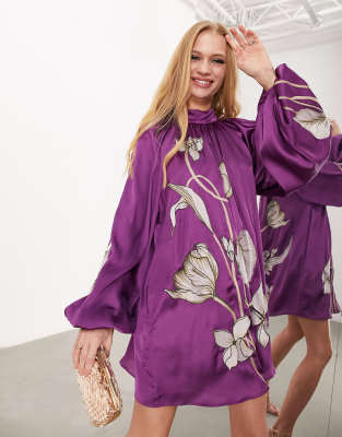 ASOS EDITION waisted blouson sleeve floral embellished mini dress in lilac