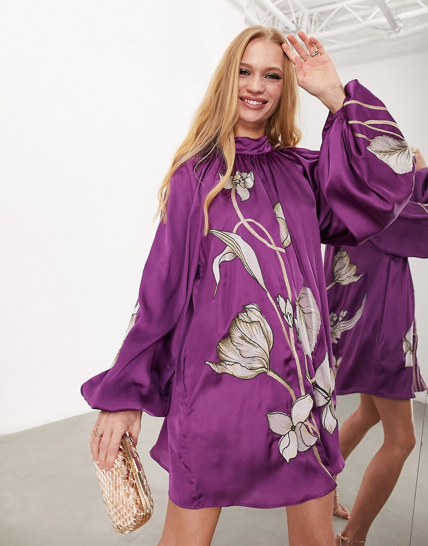 ASOS EDITION high neck blouson sleeve mini dress in purple in trailing tulip embroidery in purple