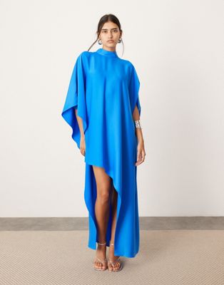 Asos Design High Neck Cape Sleeve Mini Dress With Asymmetric Hem In Cobalt Blue