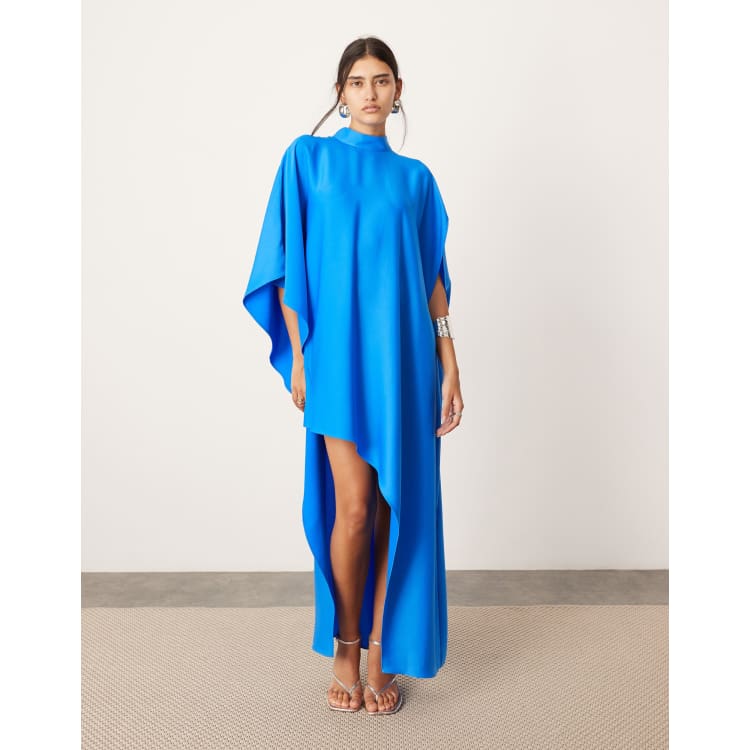 ASOS EDITION high neck cape sleeve mini dress with asymmetric hem in cobalt blue